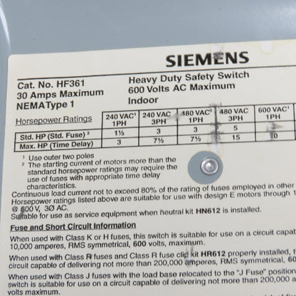 Siemens HF361 30A 3-Pole Fusible Heavy Duty Safety Disconnect Switch 600VAC