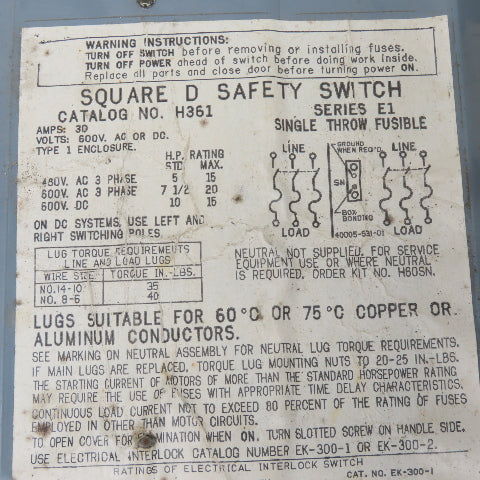 Square D H361 30A 3-Pole Single Throw Fusible Safety Disconnect Switch 600V