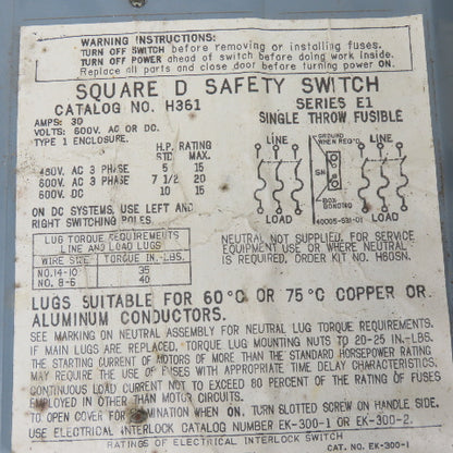 Square D H361 30A 3-Pole Single Throw Fusible Safety Disconnect Switch 600V