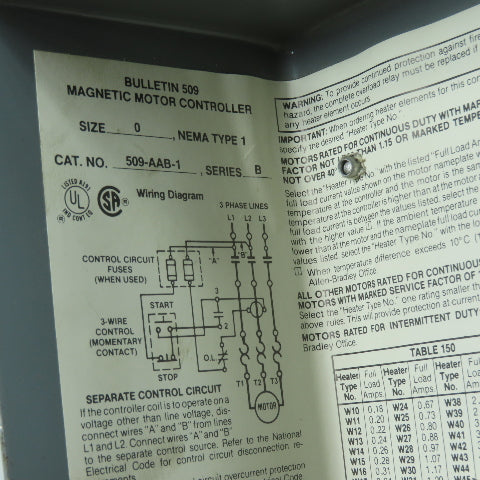 Allen-Bradley 509-AAB-1 Magnetic Motor Controller Starter NEMA Size 0 480V