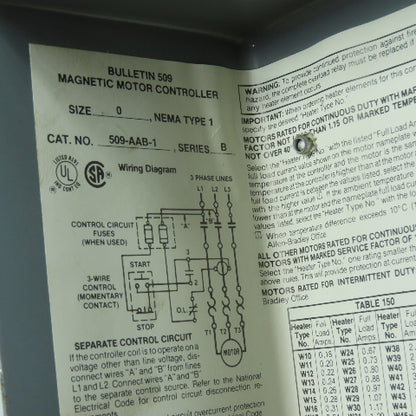 Allen-Bradley 509-AAB-1 Magnetic Motor Controller Starter NEMA Size 0 480V