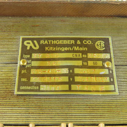 Rathgeber ET 500 Control Transformer 0.360KVA 505-480-455V Pri 220/115V Sec