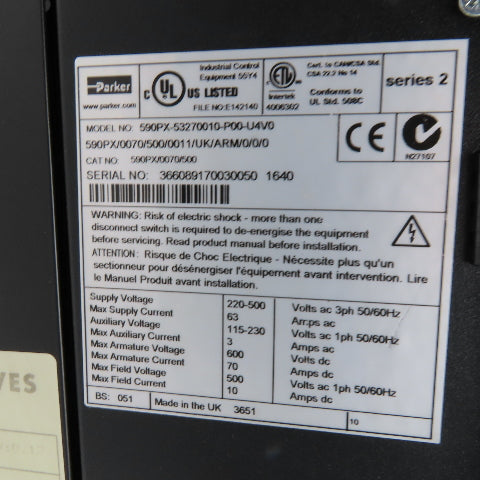 Parker 590PX-53270010-P00-U4V0 DC Digital Drive 220-500V 3Ph 63A Input