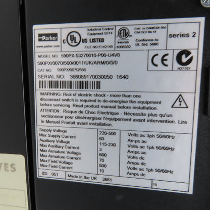 Parker 590PX-53270010-P00-U4V0 DC Digital Drive 220-500V 3Ph 63A Input