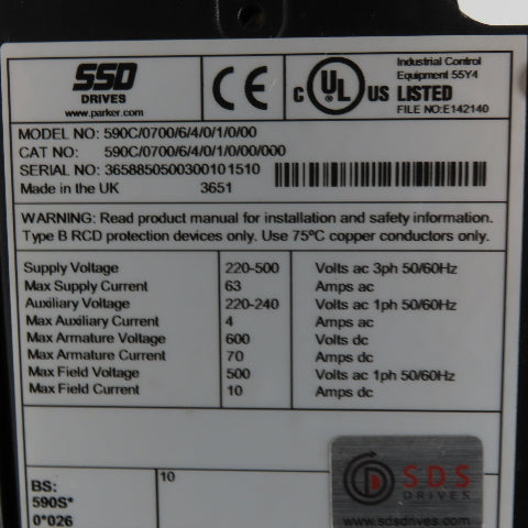 SSD Drives 590C/0700/6/4/0/1/0/00 DC Drive 220-500V 3Ph 63A Input