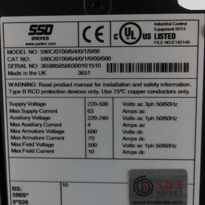 SSD Drives 590C/0700/6/4/0/1/0/00 DC Drive 220-500V 3Ph 63A Input