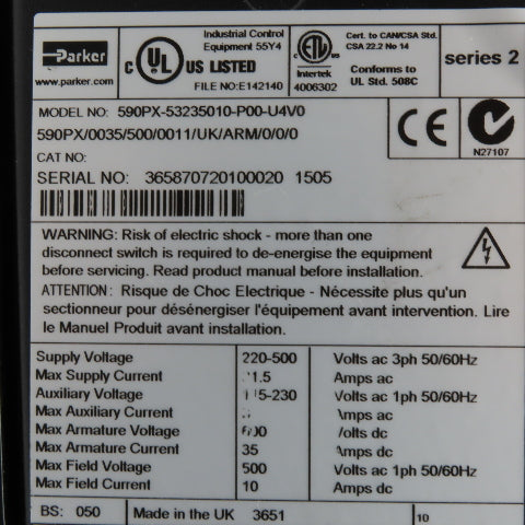 Parker 590PX/0035/500/0011/UK/ARM/0/0/0 DC Digital Drive 220-500V 3Ph 35A Input