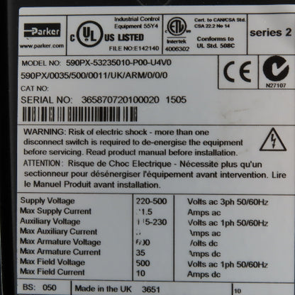 Parker 590PX/0035/500/0011/UK/ARM/0/0/0 DC Digital Drive 220-500V 3Ph 35A Input