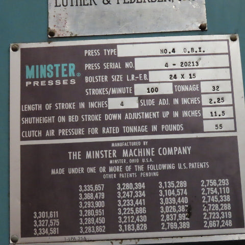 Minster No. 4 32 Ton OBI Stamping Punch Press 480V 4" Stroke Tested See Info