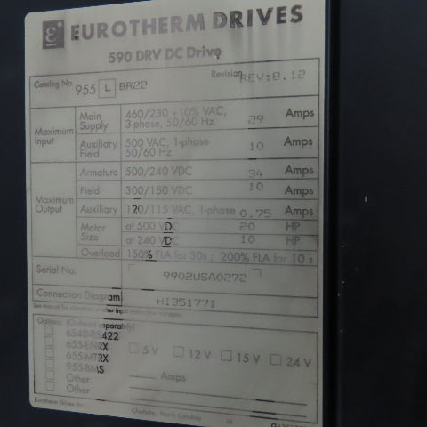 Eurotherm 955 L BR22 N/A 590 DRV DC Drive 3Ph W/ Parker 590PX-53270010-P00-U4V0