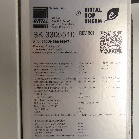 Rittal SK 3305510 115V 60Hz 1Ph TopTherm Enclosure Cooling Unit 1.76kW