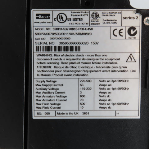 Parker 590PX-53270010-P00-U4V0 Digital DC Drive 70A 220-500V 3Ph