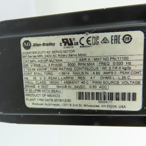 Allen-Bradley MPL-A310P-MJ74AA 0.73kW/0.98HP AC Servo Motor 230V 5000RPM Max 3PH