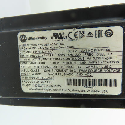 Allen-Bradley MPL-A310P-MJ74AA 0.73kW/0.98HP AC Servo Motor 230V 5000RPM Max 3PH