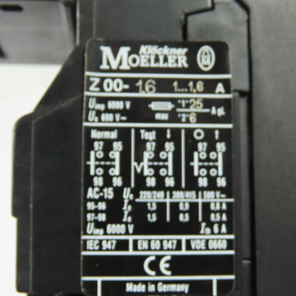 Klöckner Moeller Z00-1.6 Thermal Overload Relay 1-1.6A EZ00 Module 600V