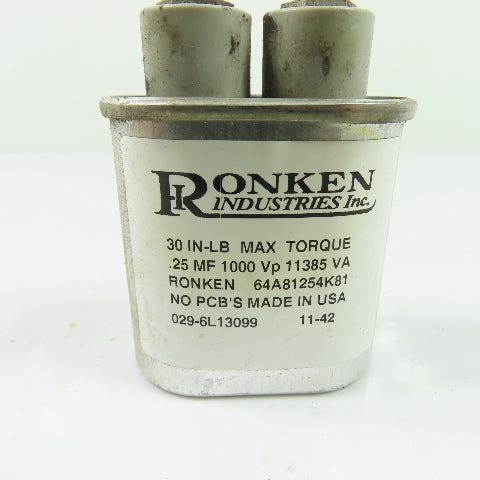 Ronken 64A81254K81 Oval Capacitor 0.25 MF 1000 VP 11385 VA 30In-Lb