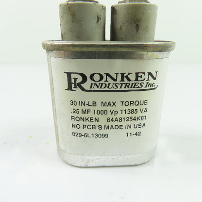 Ronken 64A81254K81 Oval Capacitor 0.25 MF 1000 VP 11385 VA 30In-Lb