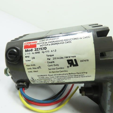 Dayton 2Z797D AC/DC Gearmotor 1/15HP 115V 2.8RPM 250in-lb