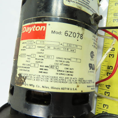 Dayton 6Z078 AC Gearmotor 49:1 Ratio 32.7RPM 115V 1Ph W/ Magnetic Disc Brake
