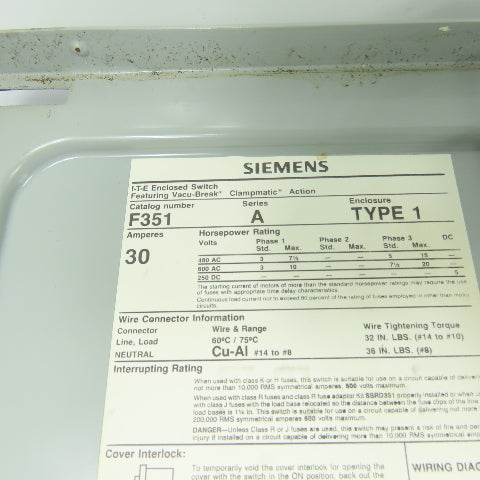 Siemens F351 30A 3-Pole Fusible Heavy Duty Safety Disconnect Switch 600V