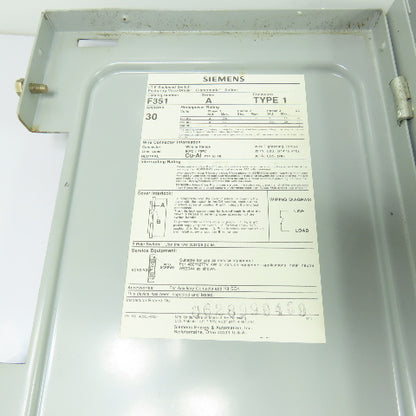 Siemens F351 30A 3-Pole Fusible Heavy Duty Safety Disconnect Switch 600V