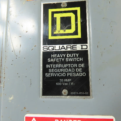 Square D H361 30A 3-Pole Fusible Heavy Duty Safety Disconnect Switch 600V