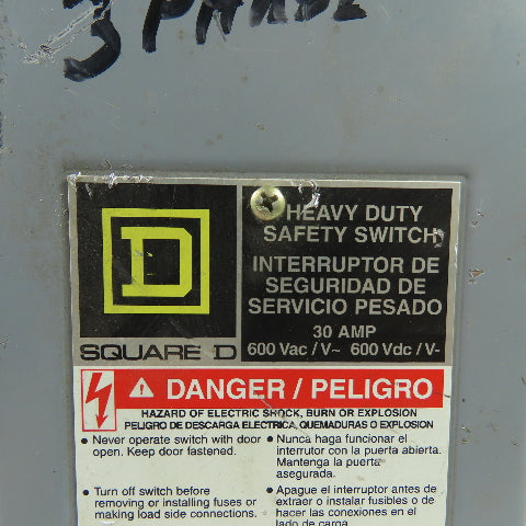 Square D H361 30A 3-Pole Fusible Heavy Duty Safety Disconnect Switch 600V