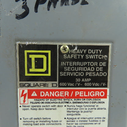 Square D H361 30A 3-Pole Fusible Heavy Duty Safety Disconnect Switch 600V