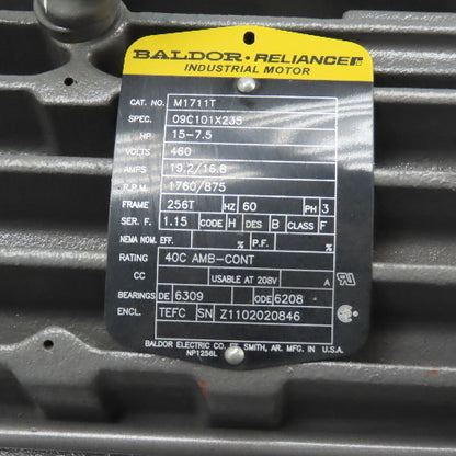 Baldor M1711T Two Speed Electric Motor 15/7.5HP 460V 1760/875RPM 256T TEFC