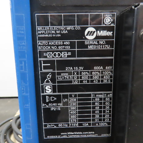Miller Auto Axcess 450 Mig Arc Welder Power Source 450A 208-575V 3Ph