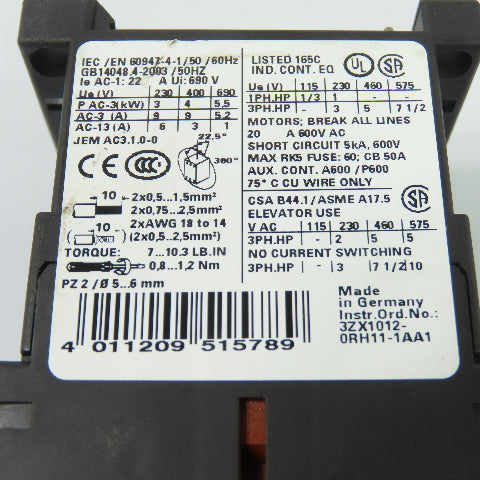 Siemens 3RT1016-1BB44-3MA0 3-Pole Contactor 24VDC 9A W/ 3RH1911-1HA12-3AA1
