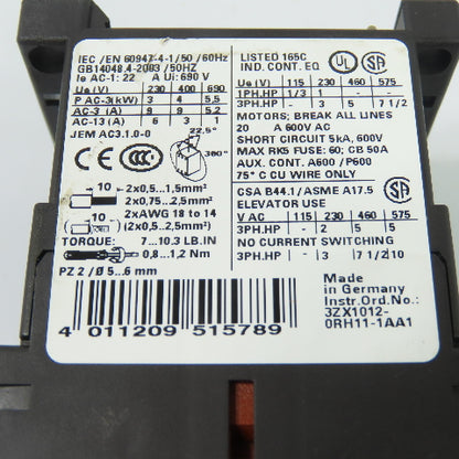 Siemens 3RT1016-1BB44-3MA0 3-Pole Contactor 24VDC 9A W/ 3RH1911-1HA12-3AA1
