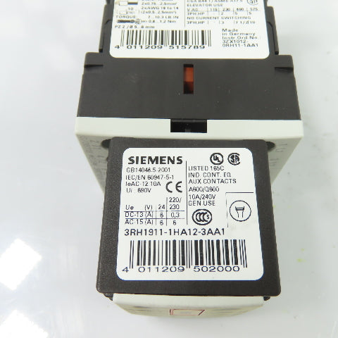 Siemens 3RT1016-1BB44-3MA0 3-Pole Contactor 24VDC 9A W/ 3RH1911-1HA12-3AA1