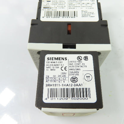Siemens 3RT1016-1BB44-3MA0 3-Pole Contactor 24VDC 9A W/ 3RH1911-1HA12-3AA1