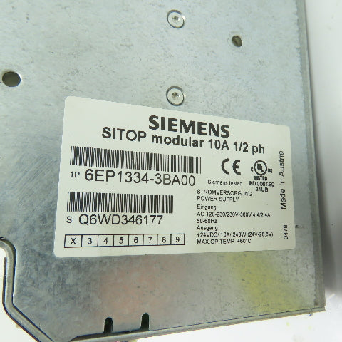 Siemens 6EP1334-3BA00 SITOP Modular Power Supply 120/230-500V In24VDC 10A Out