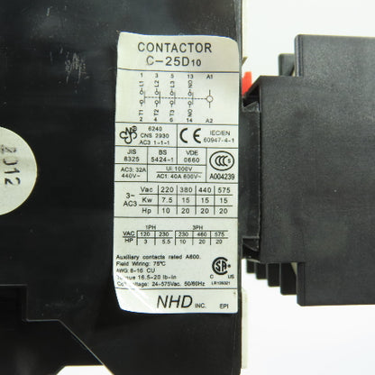 NHD C-25D10 Magnetic Contactor 3Pole 32A 600V 24V Coil W/CA1-D22 Auxiliary Block