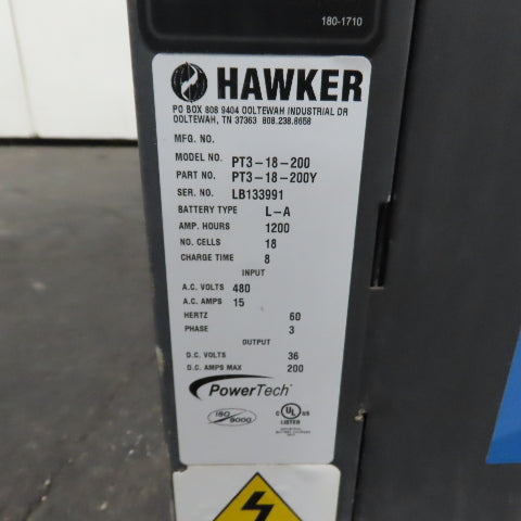 Hawker PT3-18-200 18 Cell 36V Forklift Battery Charger 1200AH W/ Equalizer