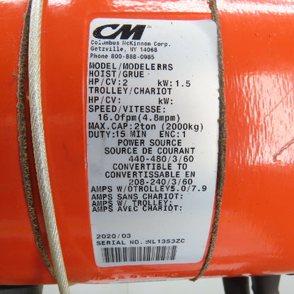 CM Lodestar Model RRS 2Ton 4000LB Electric Chain Hoist 20'Lift 16FPM 230/460 3Ph