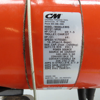 CM Lodestar Model RRS 2Ton 4000LB Electric Chain Hoist 20'Lift 16FPM 230/460 3Ph