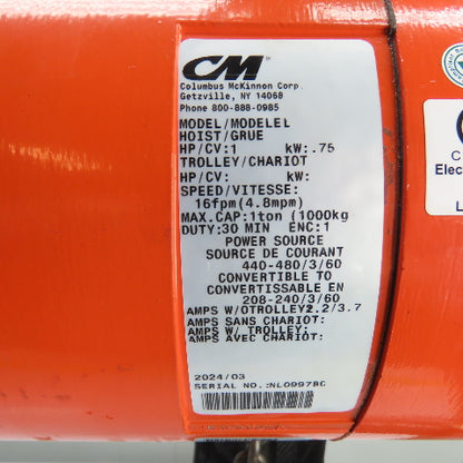 CM Lodestar Model L 1Ton 2000LB Electric Chain Hoist 20'Lift 16FPM 230/460 3Ph