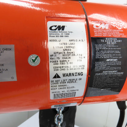CM Lodestar Model J 1/2Ton 1000LB Electric Chain Hoist 20'Lift 32FPM 230/460 3Ph