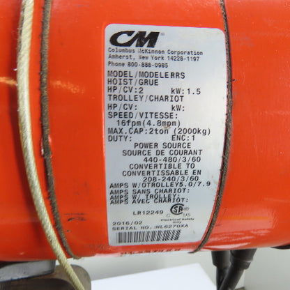 CM Lodestar Model RRS 2Ton 4000LB Electric Chain Hoist 14'Lift 16FPM 230/460 3Ph
