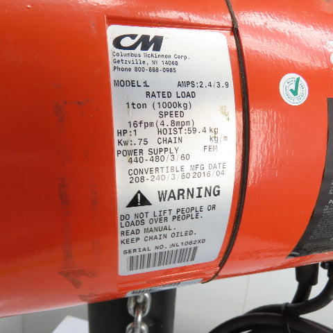 CM Lodestar Model L 1Ton 2000LB Electric Chain Hoist 15'Lift 16FPM 230/460 3Ph