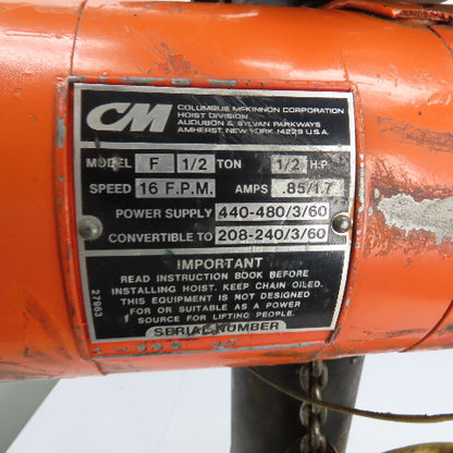 CM Lodestar Model F 1Ton 2000LB Electric Chain Hoist 15'Lift 16FPM 230/460 3Ph
