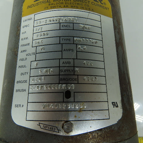 Baldor PM3336P 1/2HP DC Electric Motor 90V 1500RPM 56C Frame Tested