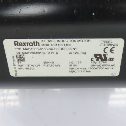 Rexroth MAD130C-0150-SA-S0-BQ0-05-N1 18.4kW Servo Motor 600VAC 3Ph 1500RPM