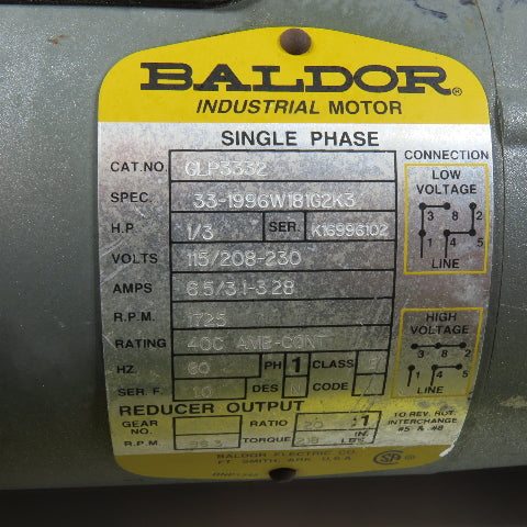 Baldor GLP3332 1/3HP Gear Motor 115/208-230V 1Ph 86.3RPM 20:1 Ratio Tested