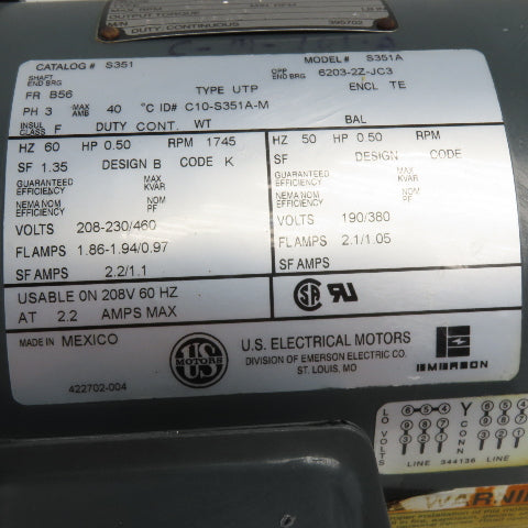 U.S. Motors S351A 1/2HP Electric Gear Motor 208-230/460V 3Ph 58:1 Ratio Tested