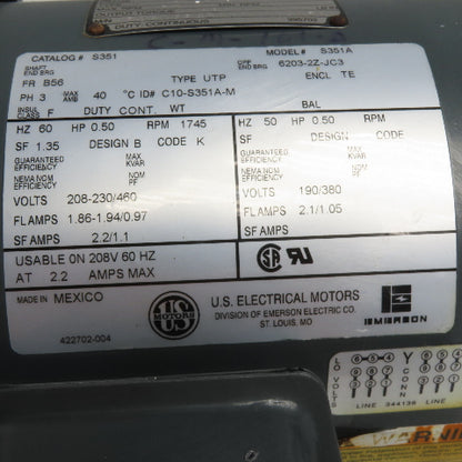 U.S. Motors S351A 1/2HP Electric Gear Motor 208-230/460V 3Ph 58:1 Ratio Tested