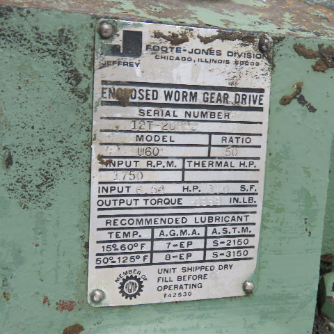 Foote-Jones U60 Enclosed Worm Gear Reducer 50:1 Ratio 1750 RPM